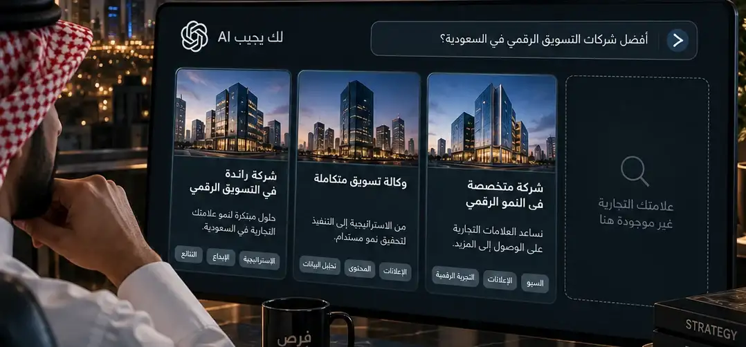 مشهد توضيحي: مساعد ذكاء اصطناعي يعرض ثلاث شركات مرشحة، وخانة رابعة فارغة مكتوب فيها أن علامتك التجارية غير موجودة هنا