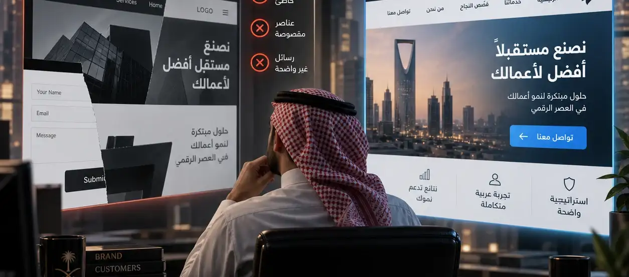 مشهد توضيحي: رجل أعمال أمام شاشتين لموقع واحد، النسخة الإنجليزية مرتبة والنسخة العربية مكسورة العناصر