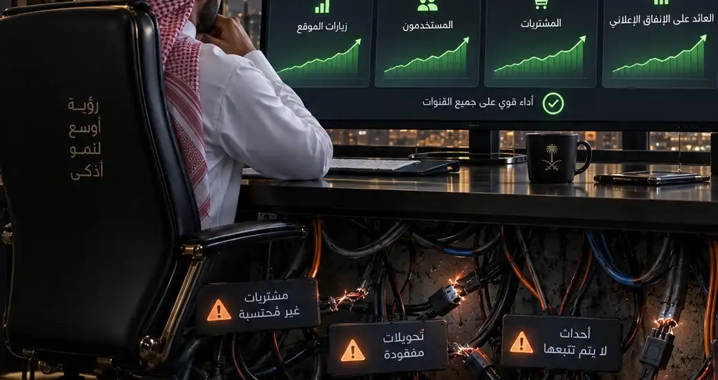 مشهد توضيحي: لوحة مؤشرات كل أرقامها خضراء، وتحت المكتب أسلاك متشابكة عليها تحذيرات عن تحويلات مفقودة وأحداث لا تتبع