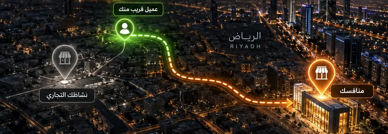 مشهد توضيحي: خريطة ليلية للرياض، وعميل قريب من نشاطك التجاري يسلك الطريق إلى منافسك